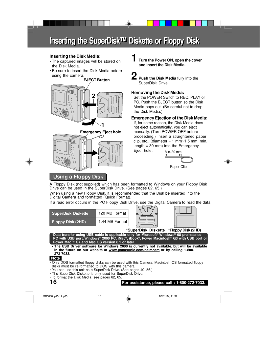 Panasonic PV-SD5000 operating instructions Using a Floppy Disk, Inserting the Disk Media, Removing the Disk Media 