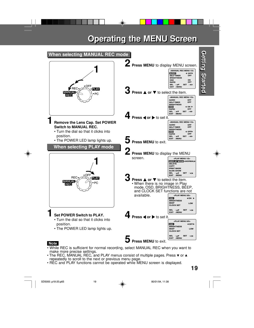 Panasonic PV-SD5000 OperatingOperating thet e Menum NU ScreenScreen, Set Power Switch to Play, Press To set it, To exit 