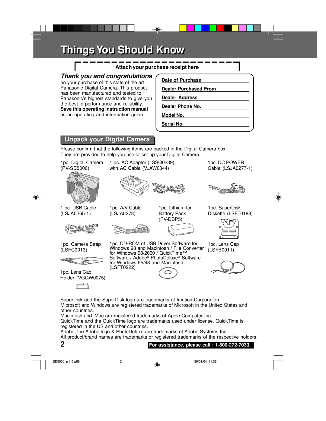 Panasonic PV-SD5000 ThingsingsYouou ShouldS o ld KnowKnow, Unpack your Digital Camera, Attach your purchase receipt here 