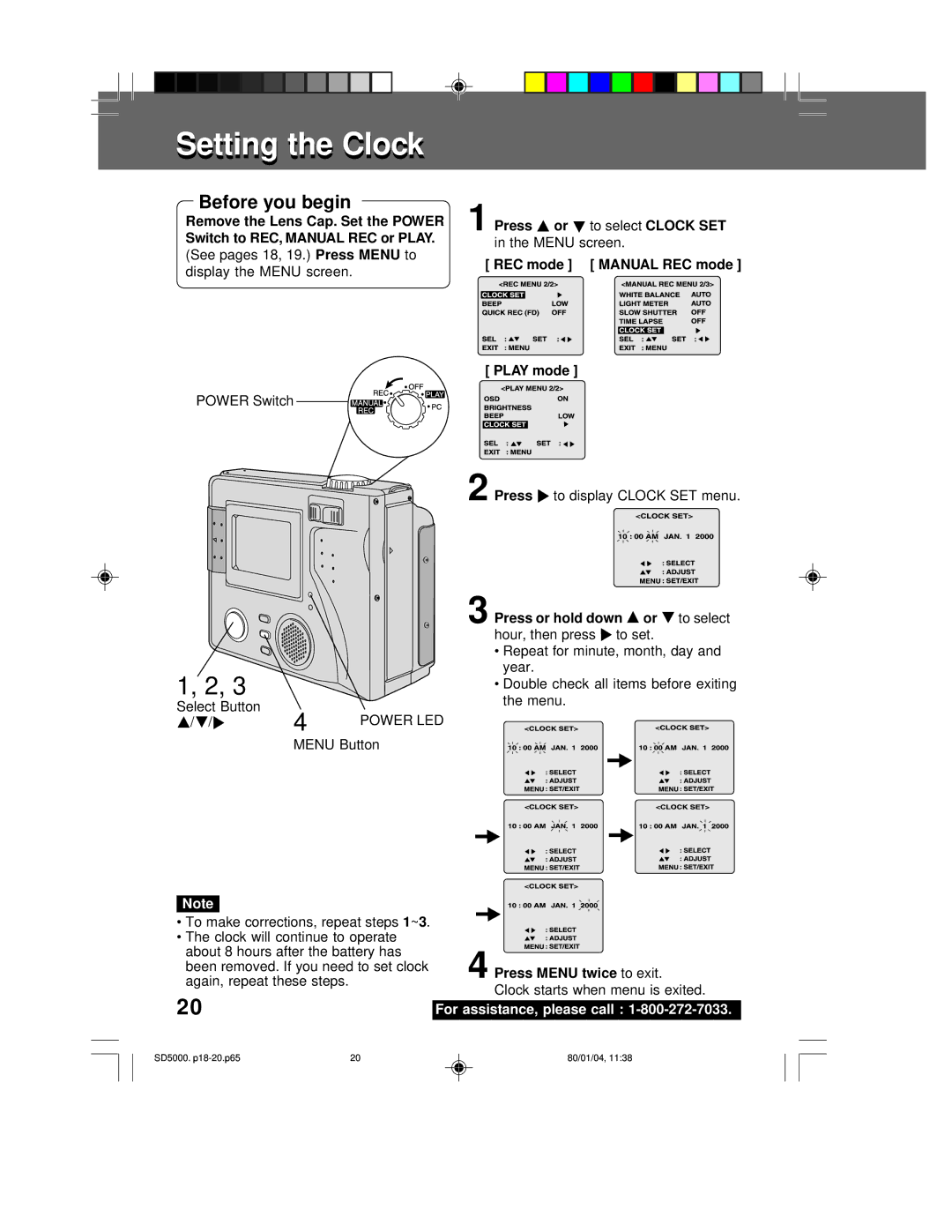 Panasonic PV-SD5000 operating instructions Setting the Clock, Menu screen, See pages 18 Press Menu, Play mode, Menu twice 