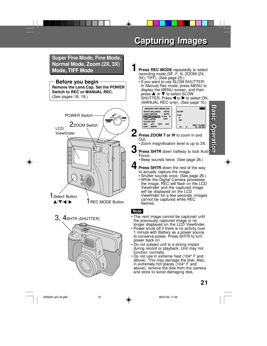 Panasonic PV-SD5000 See pages 18 Power Switch Zoom Switch, Viewfinder, Press, To select on Manual REC only. See, To zoom 