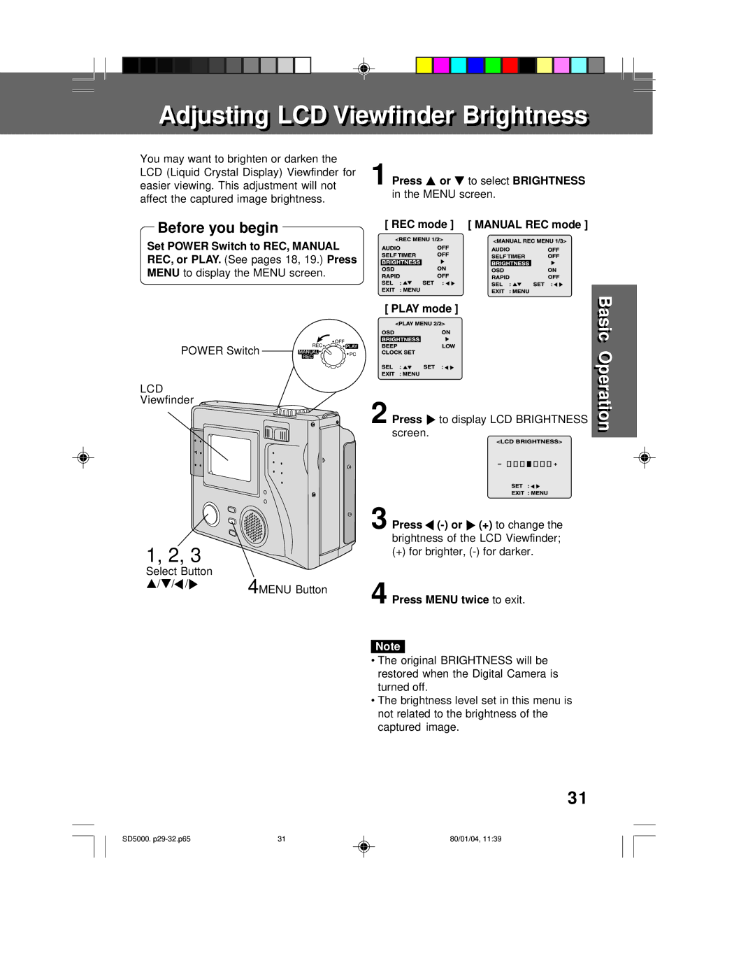 Panasonic PV-SD5000 operating instructions Set Power Switch to REC, Manual 