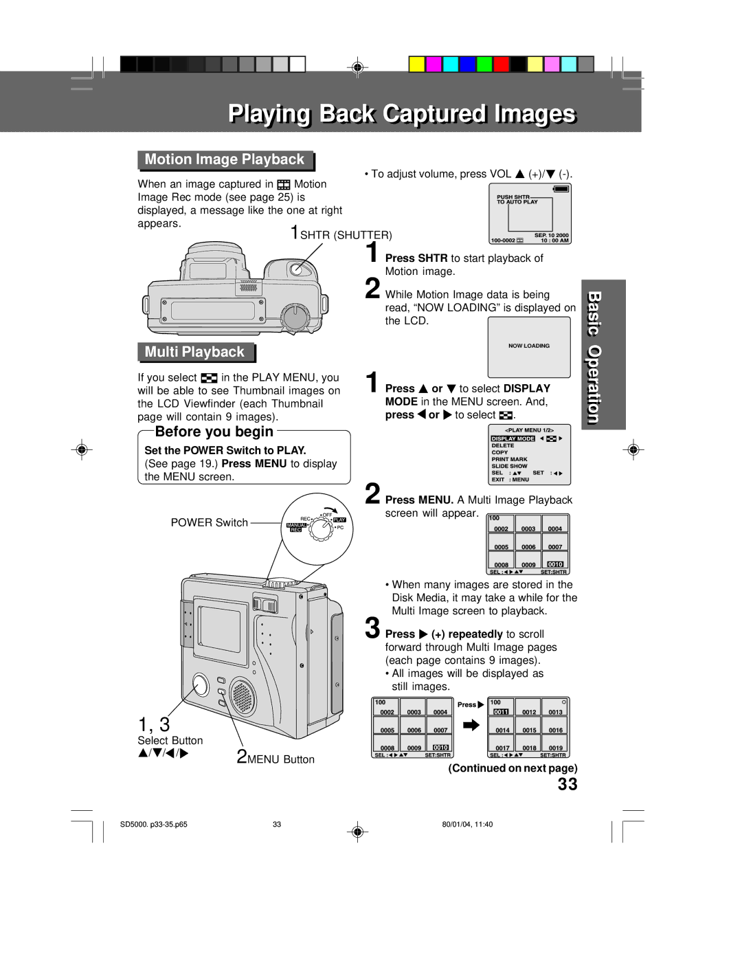 Panasonic PV-SD5000 operating instructions Motion Image Playback, Multi Playback, + repeatedly 