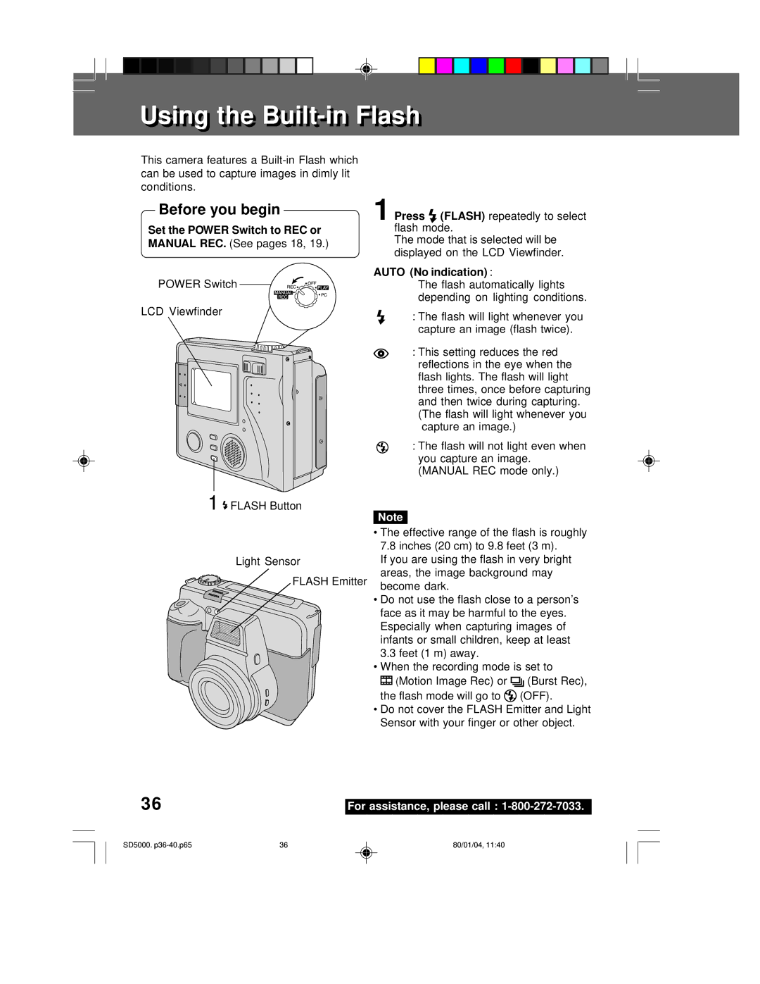 Panasonic PV-SD5000 operating instructions UsingUsing thet e Builtilt--inin FlashFlash 