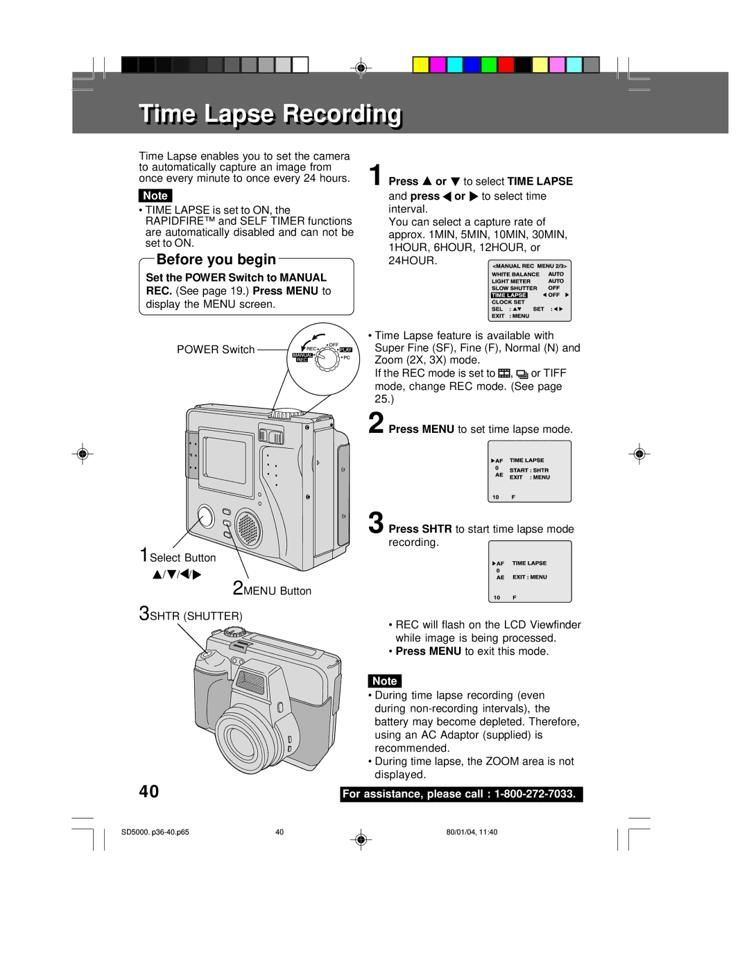 Panasonic PV-SD5000 operating instructions Timeime Lapse Recordingecording, Time Lapse is set to ON, Interval, REC. See 