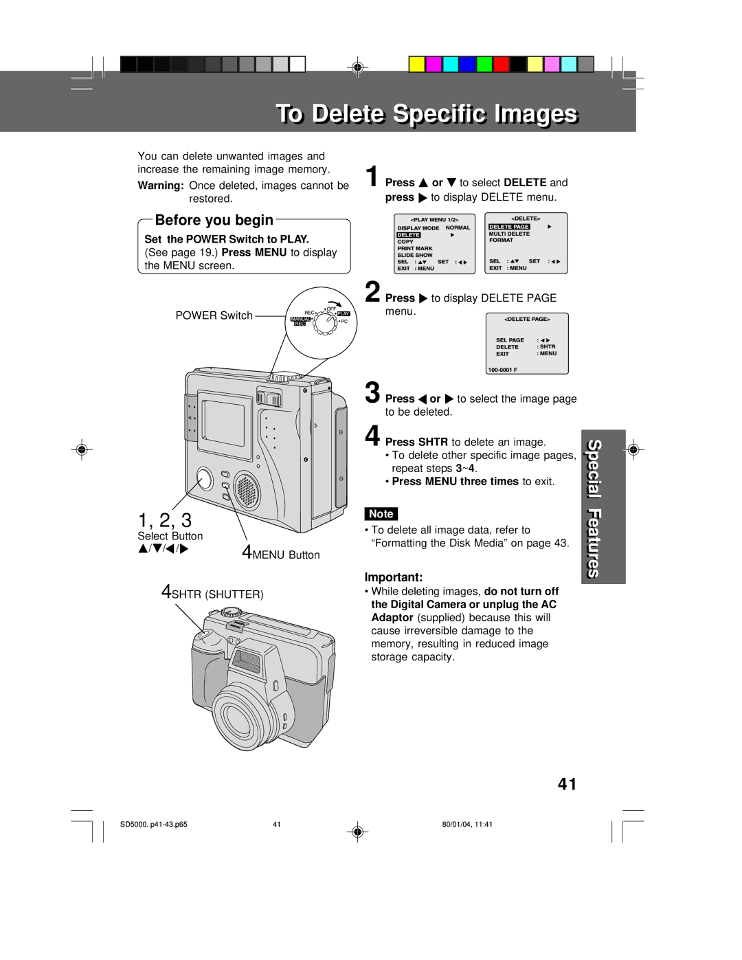 Panasonic PV-SD5000 To display Delete menu, Power Switch Menu, An image, Repeat steps, This will, Capacity 