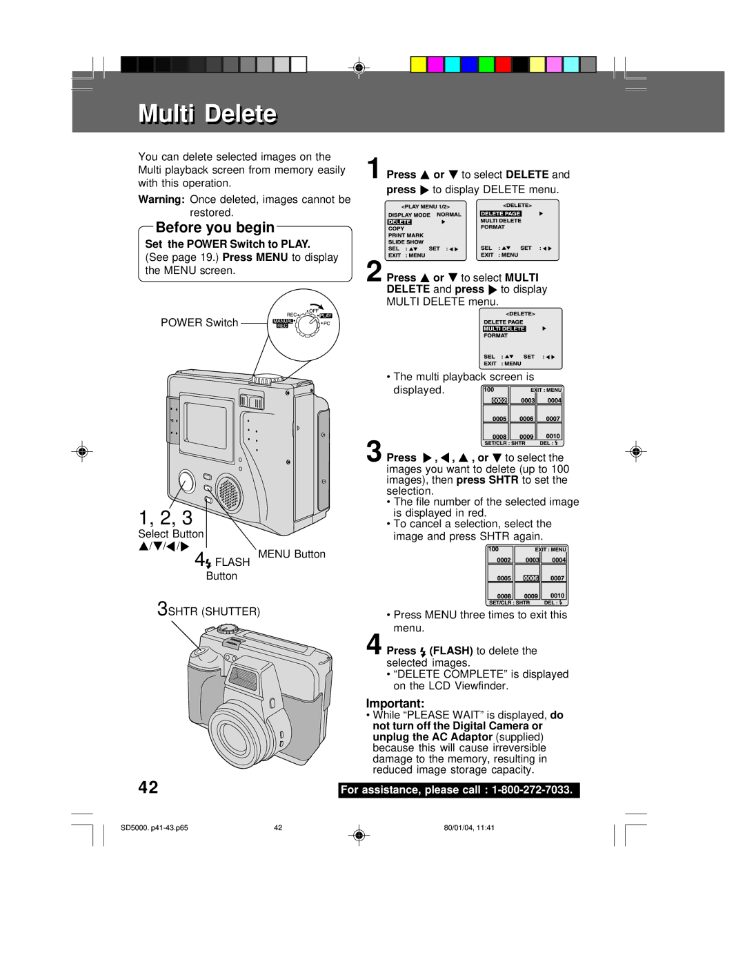 Panasonic PV-SD5000 operating instructions Multi Delete menu, Unplug the AC Adaptor 