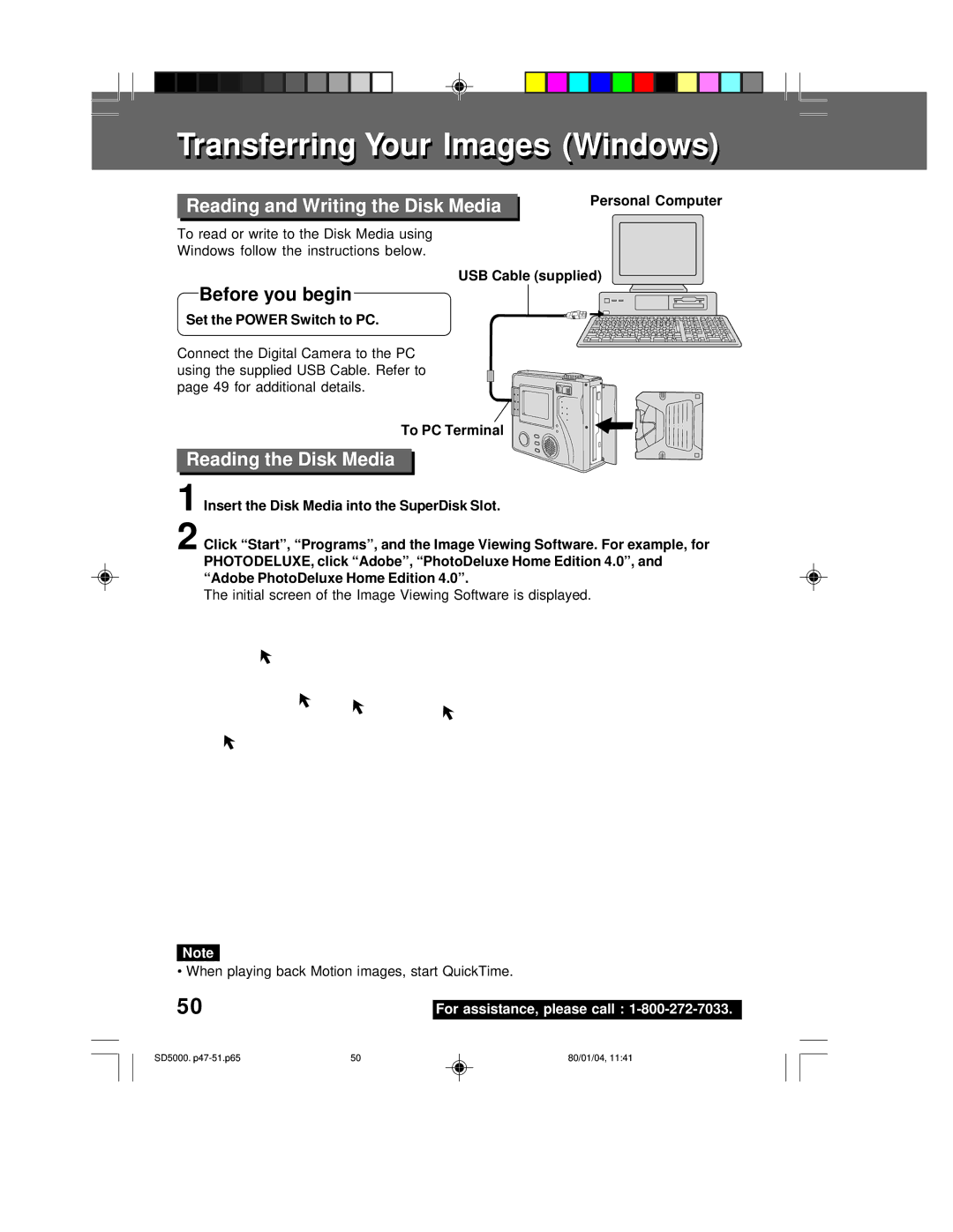 Panasonic PV-SD5000 operating instructions Reading and Writing the Disk Media, Reading the Disk Media 