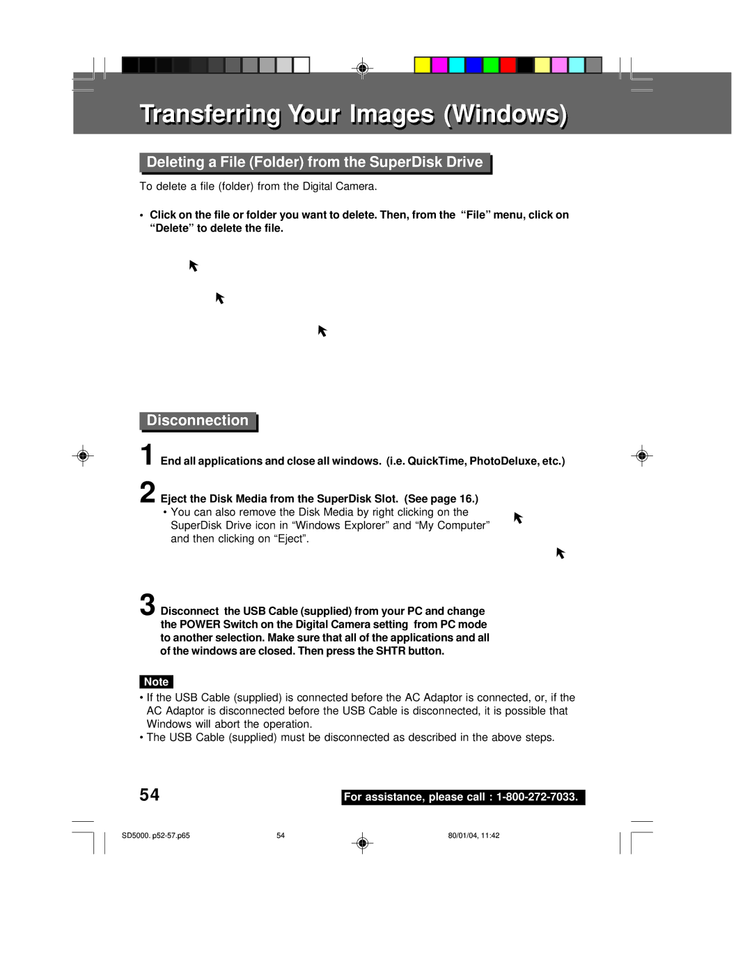 Panasonic PV-SD5000 operating instructions Deleting a File Folder from the SuperDisk Drive, Disconnection 