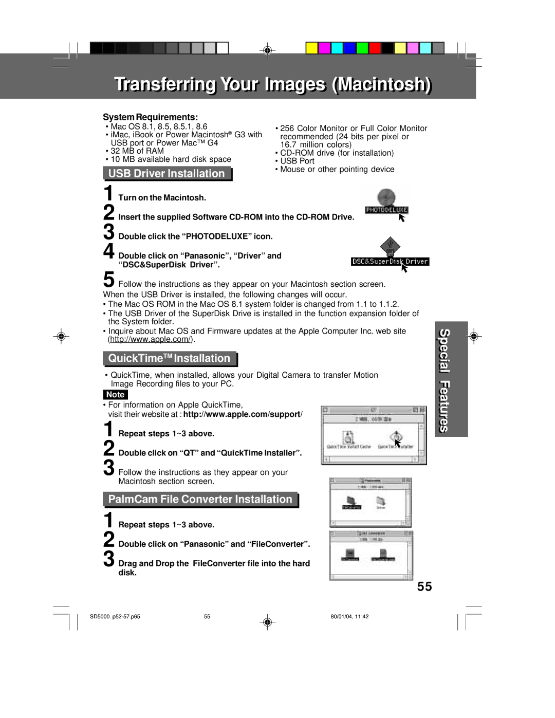 Panasonic PV-SD5000 USB Driver Installation, QuickTime TM Installation, PalmCam File Converter Installation 