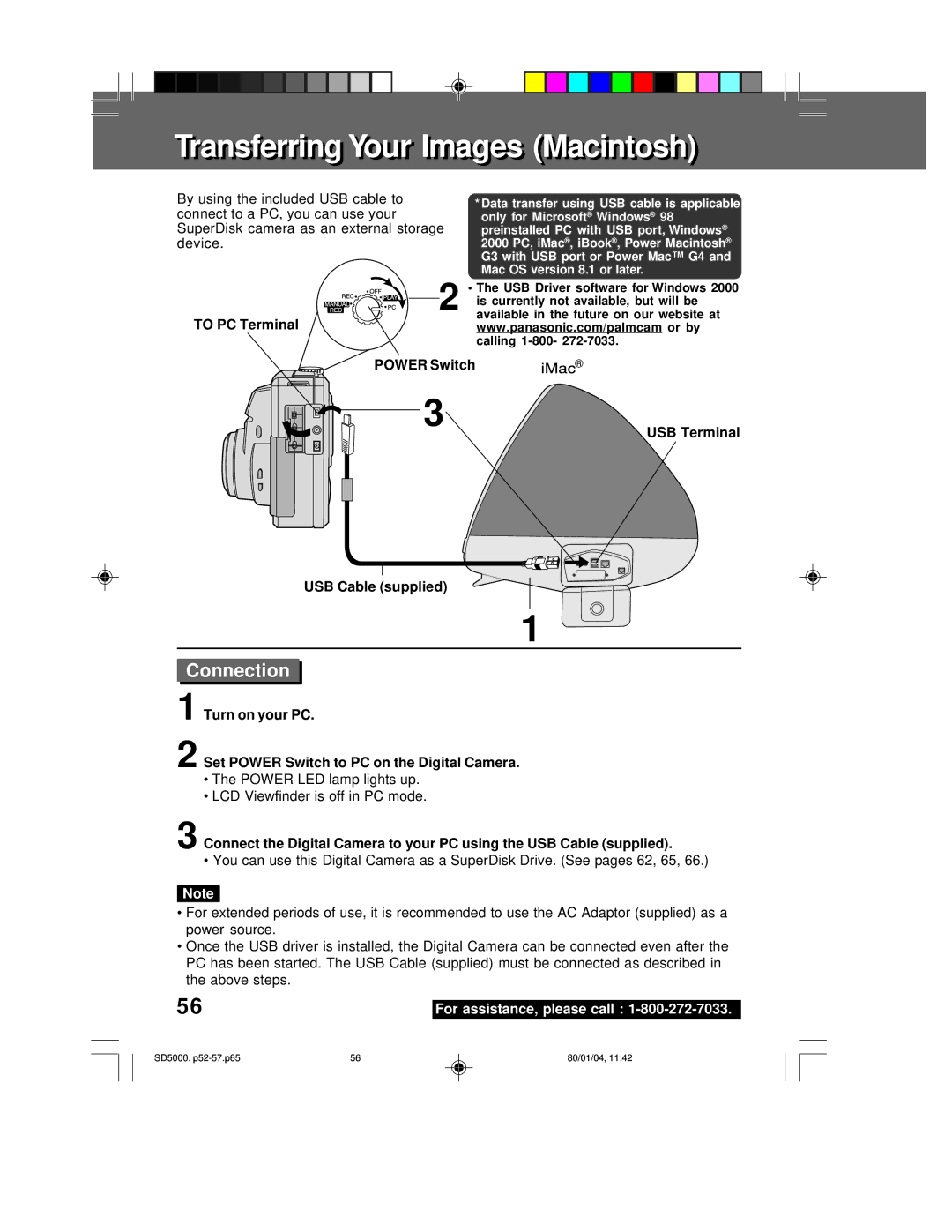 Panasonic PV-SD5000 operating instructions Power Switch USB Terminal USB Cable supplied 