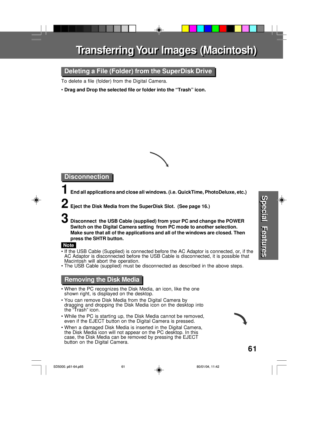 Panasonic PV-SD5000 operating instructions Removing the Disk Media, To delete a file folder from the Digital Camera 