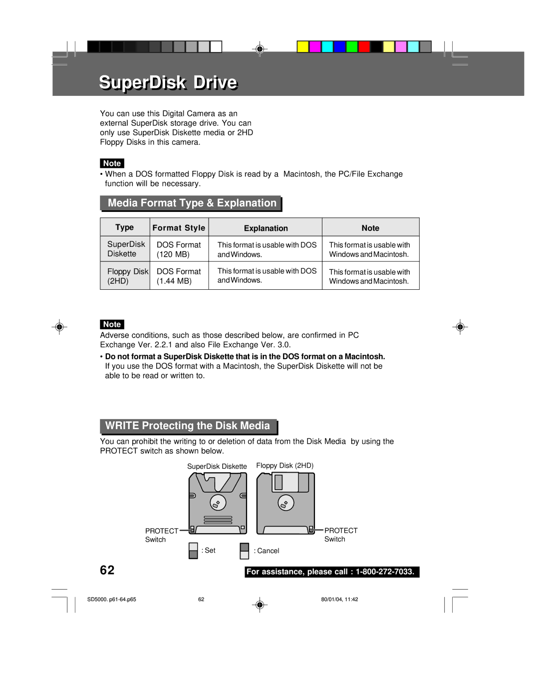 Panasonic PV-SD5000 SuperDiskS perDisk DriveDri e, Media Format Type & Explanation, Write Protecting the Disk Media 