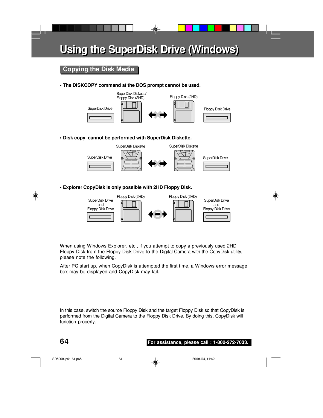 Panasonic PV-SD5000 operating instructions Copying the Disk Media, Diskcopy command at the DOS prompt cannot be used 