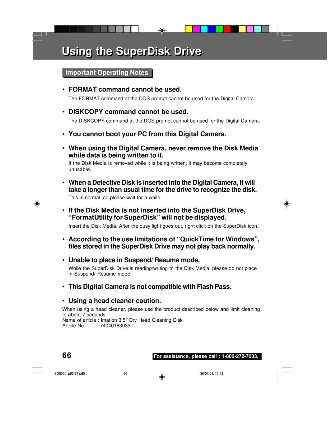 Panasonic PV-SD5000 UsingUsing thet e SuperDiskS perDisk DriveDri e, Important Operating Notes, ″ Dry Head Cleaning Disk 