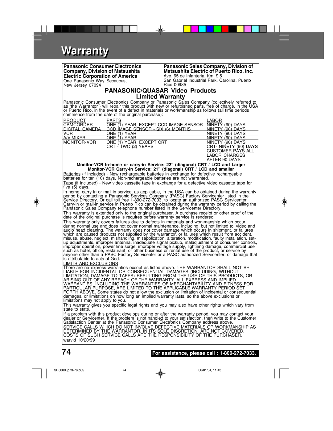 Panasonic PV-SD5000 operating instructions Warrantyarranty, Panasonic Consumer Electronics, Company, Division of Matsushita 