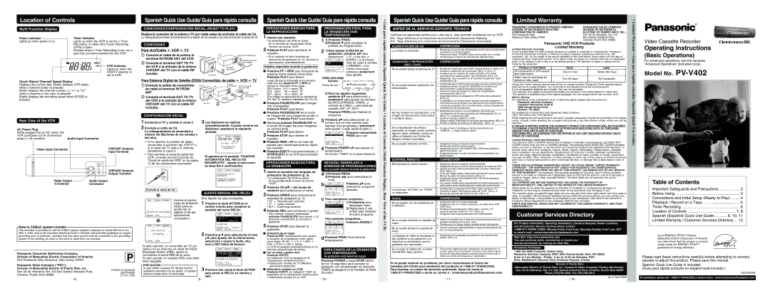 Panasonic PV-V402 warranty Operating Instructions 