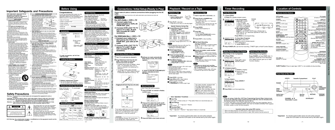 Panasonic PV-V402 Connections, Initial, Safeguards, Setup, Accessories Head Cleaning, Clock Set Select Channel, Loading 