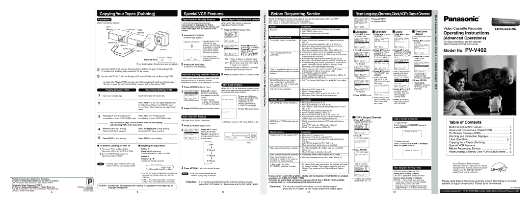 Panasonic PV-V402 warranty Features, Copy, Your 