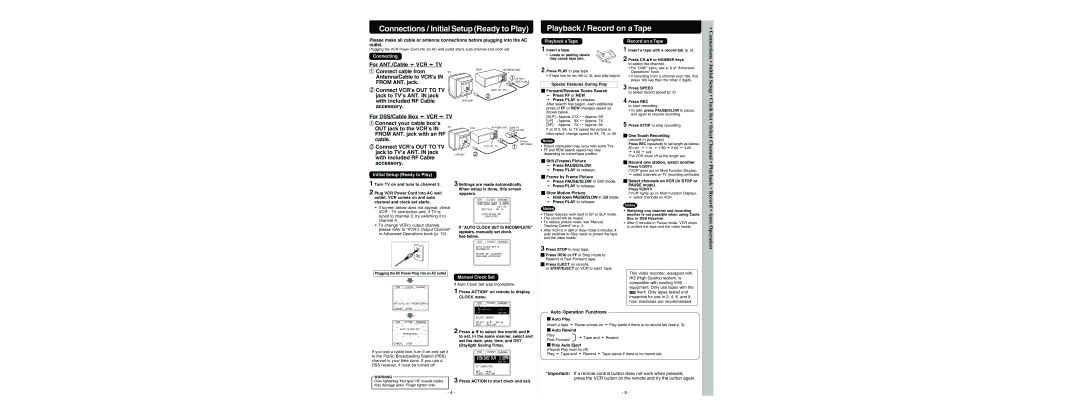 Panasonic PV-V4022 warranty Initial, Playback Record Auto Operation, For DSS/Cable Box VCR TV 