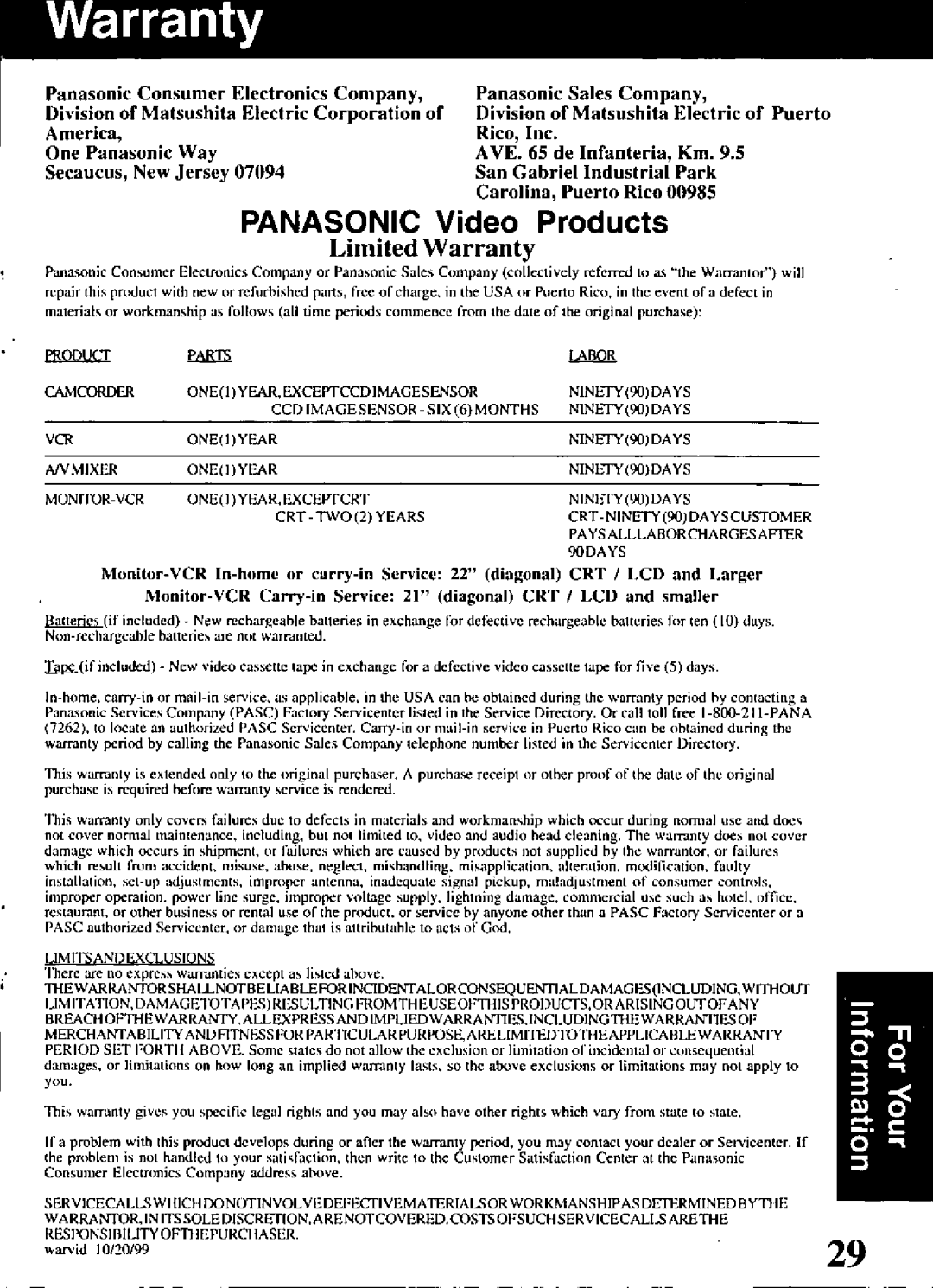 Panasonic PV-V4021, PV-V4521 manual 