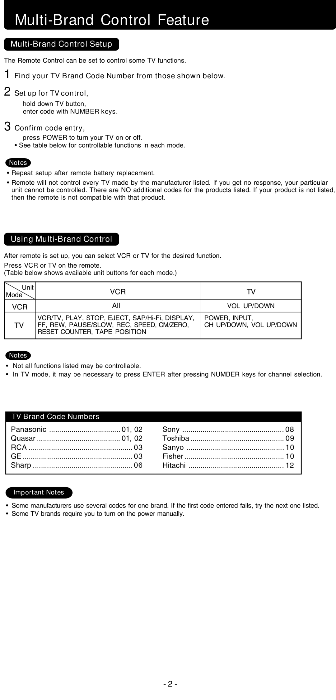 Panasonic PV-V4525S Multi-Brand Control Feature, Multi-Brand Control Setup, Using Multi-Brand Control, Confirm code entry 