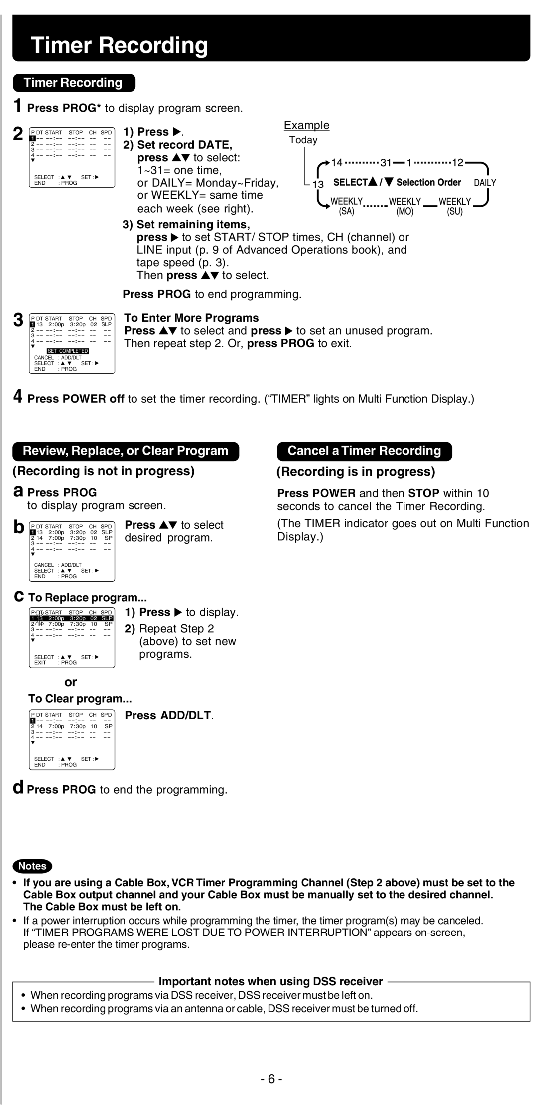 Panasonic PV-V4525S warranty Review, Replace, or Clear Program Cancel a Timer Recording 