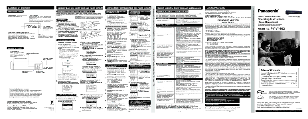 Panasonic PV-V4602 operating instructions Operating Instructions 