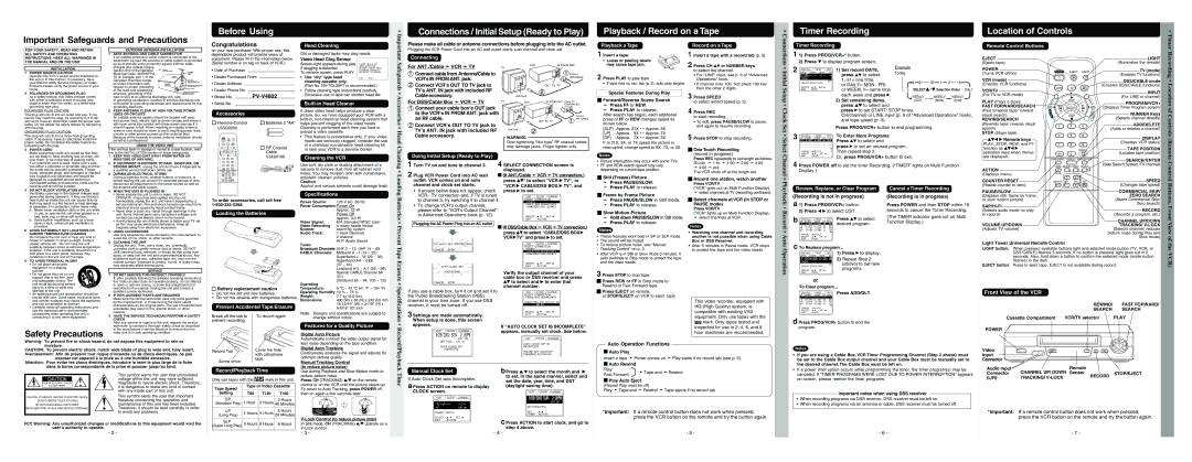 Panasonic PV-V4602 Safeguards, Connections Initial Setup, Accessories Head, Clock Set Select, Cleaning, Channel, Loading 