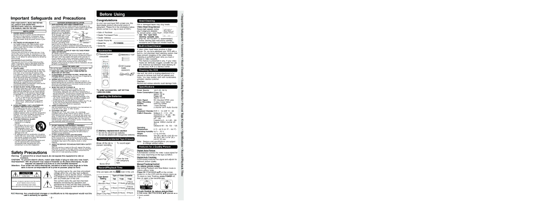 Panasonic PV-V4603S warranty Important Safeguards and Precautions, Before Using, Safety Precautions 