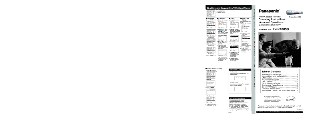 Panasonic Advanced Operations, Models No. PV-V4603S, Channels, Clock, Time Zone Adjust, VCR’s Output Channel DST 