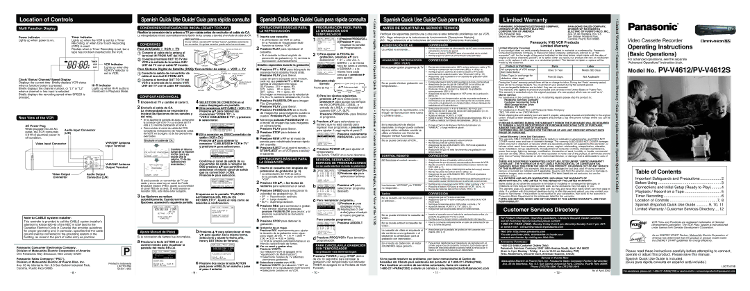 Panasonic warranty Model No. PV-V4612/PV-V4612S 