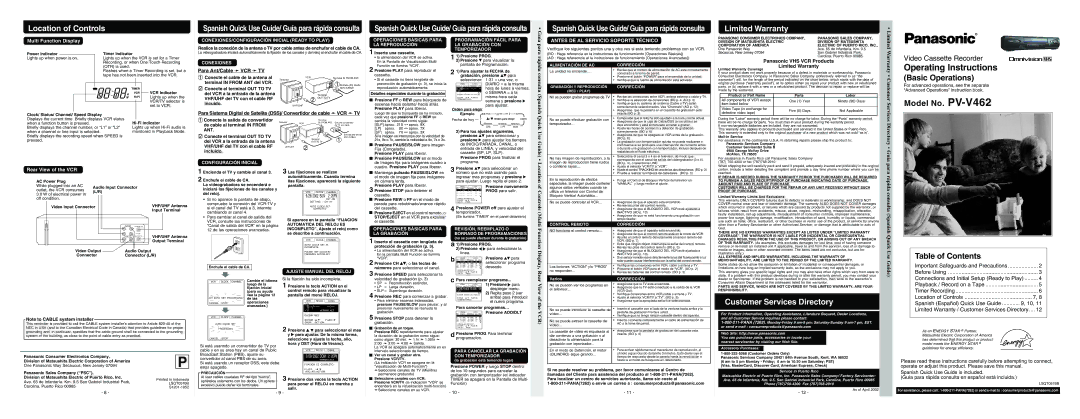 Panasonic PV-V462 warranty Operating Instructions 