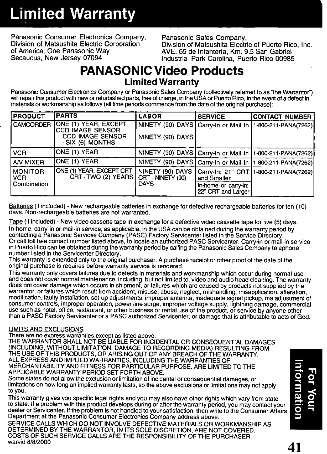 Panasonic PV-V4621 manual 