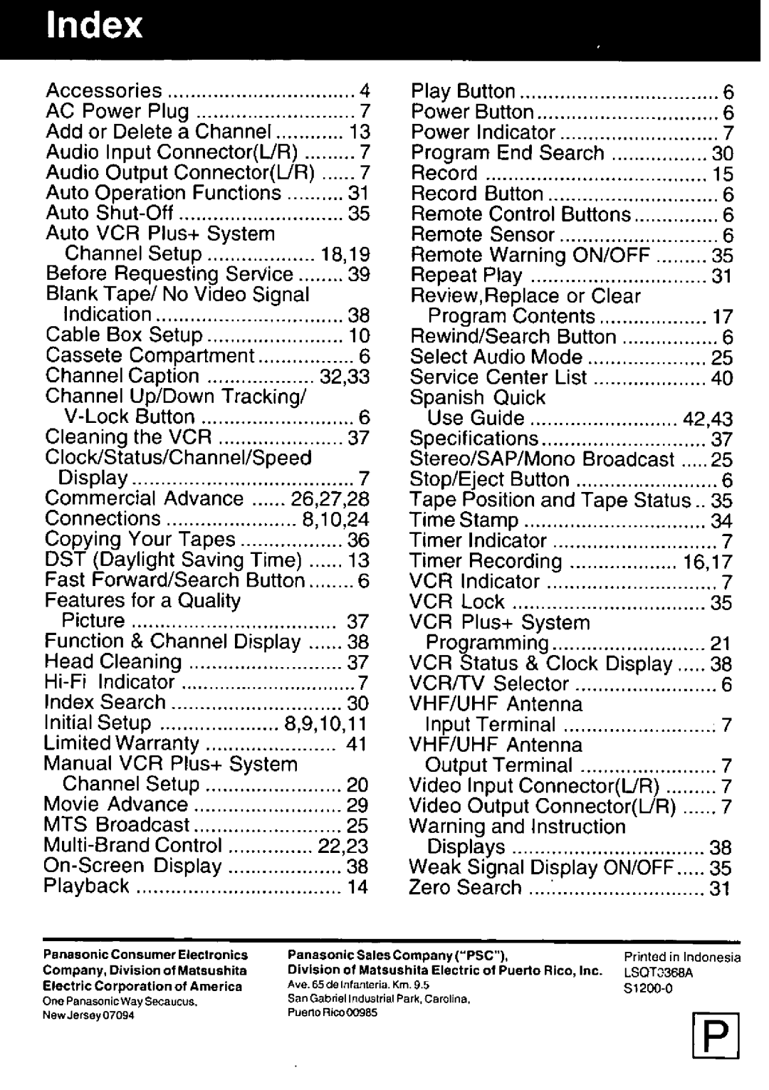 Panasonic PV-V4621 manual 