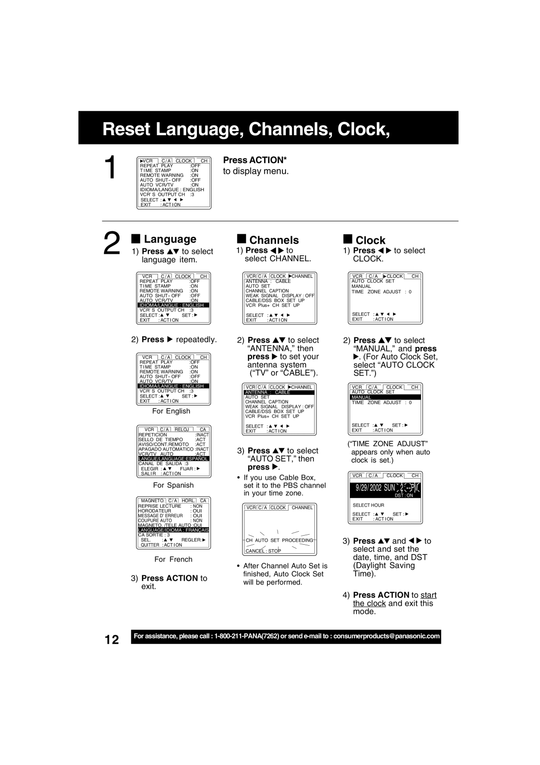 Panasonic PV-V4622 operating instructions Reset Language, Channels, Clock, Press Action 