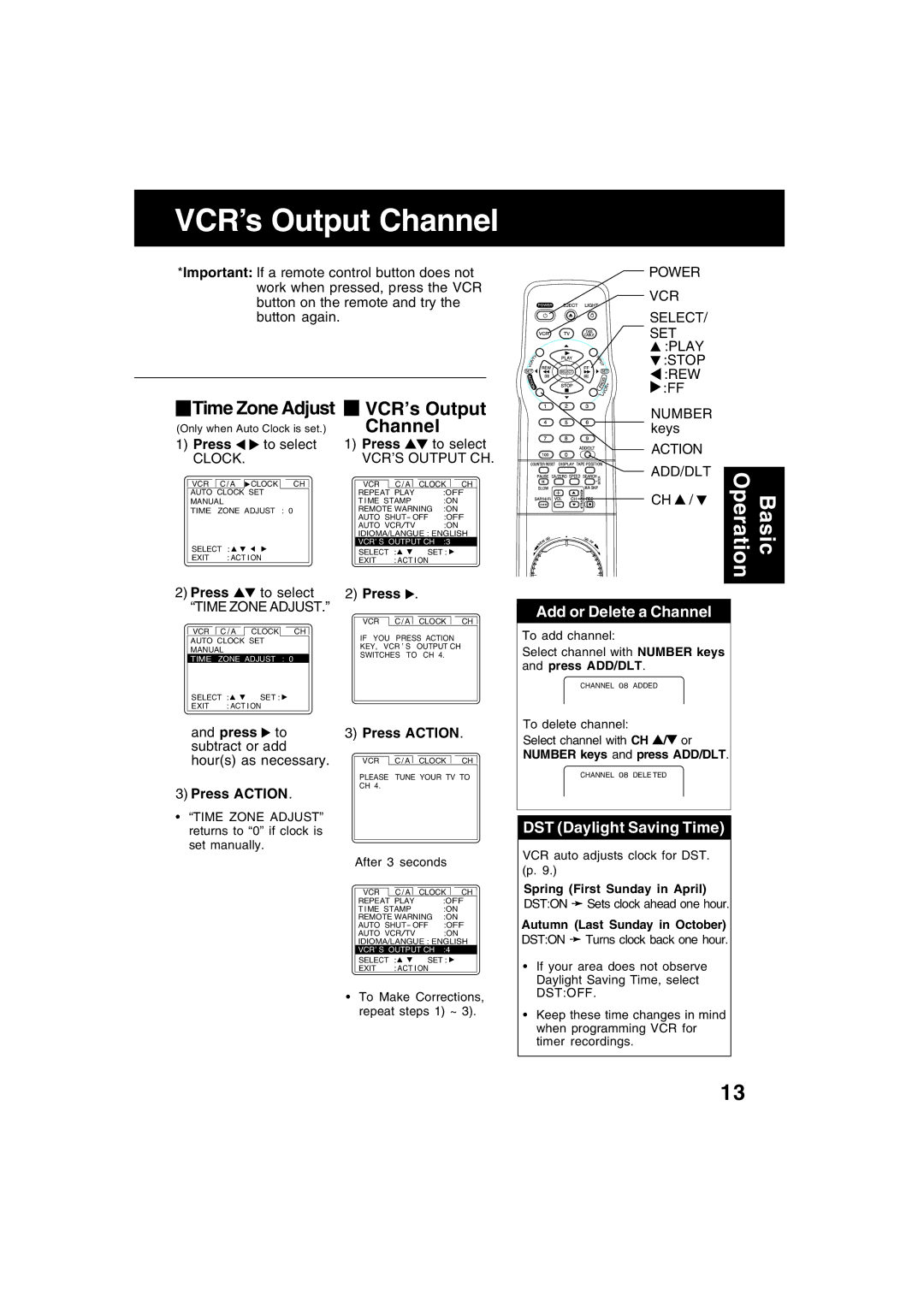 Panasonic PV-V4622 operating instructions VCR’s Output Channel, Press Action 