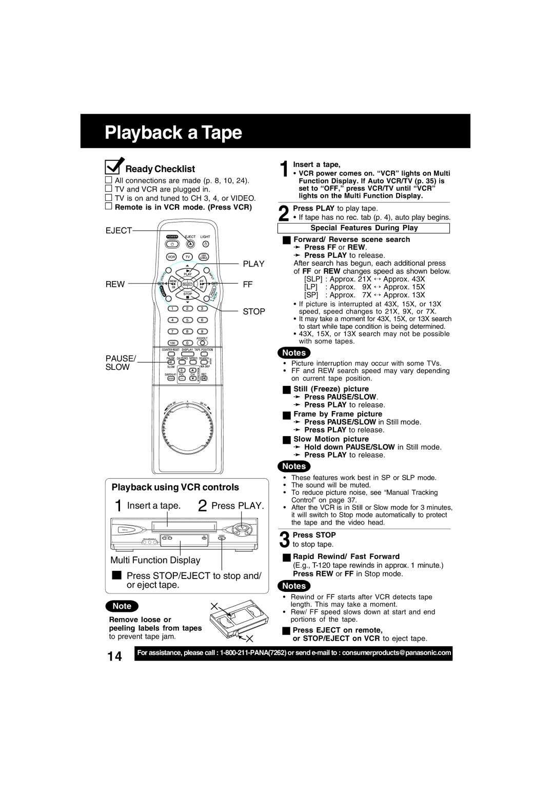 Panasonic PV-V4622 Playback a Tape, Ready Checklist, Playback using VCR controls, Eject Play, Stop Pause Slow 