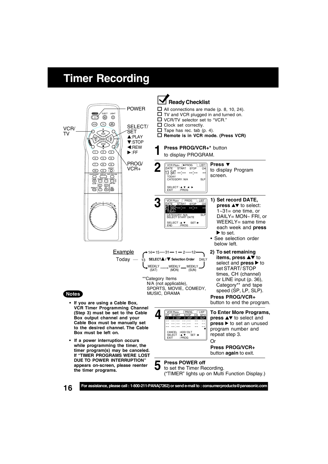 Panasonic PV-V4622 operating instructions Timer Recording 