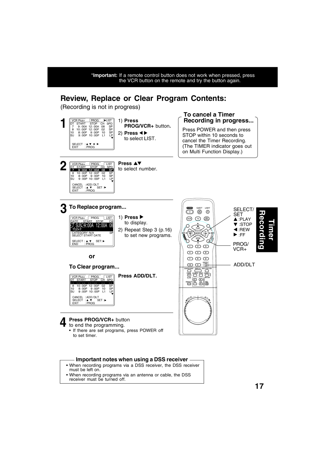 Panasonic PV-V4622 operating instructions Review, Replace or Clear Program Contents 