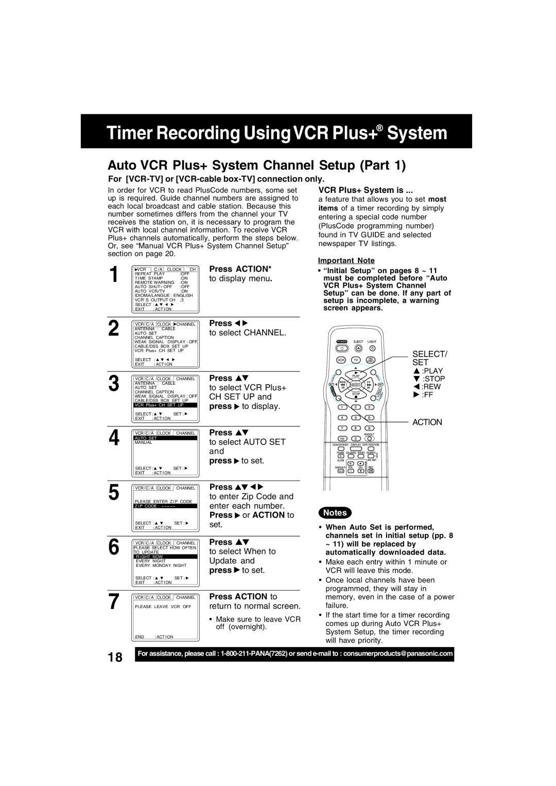 Panasonic PV-V4622 Auto VCR Plus+ System Channel Setup Part, For VCR-TV or VCR-cable box-TV connection only, Select SET 