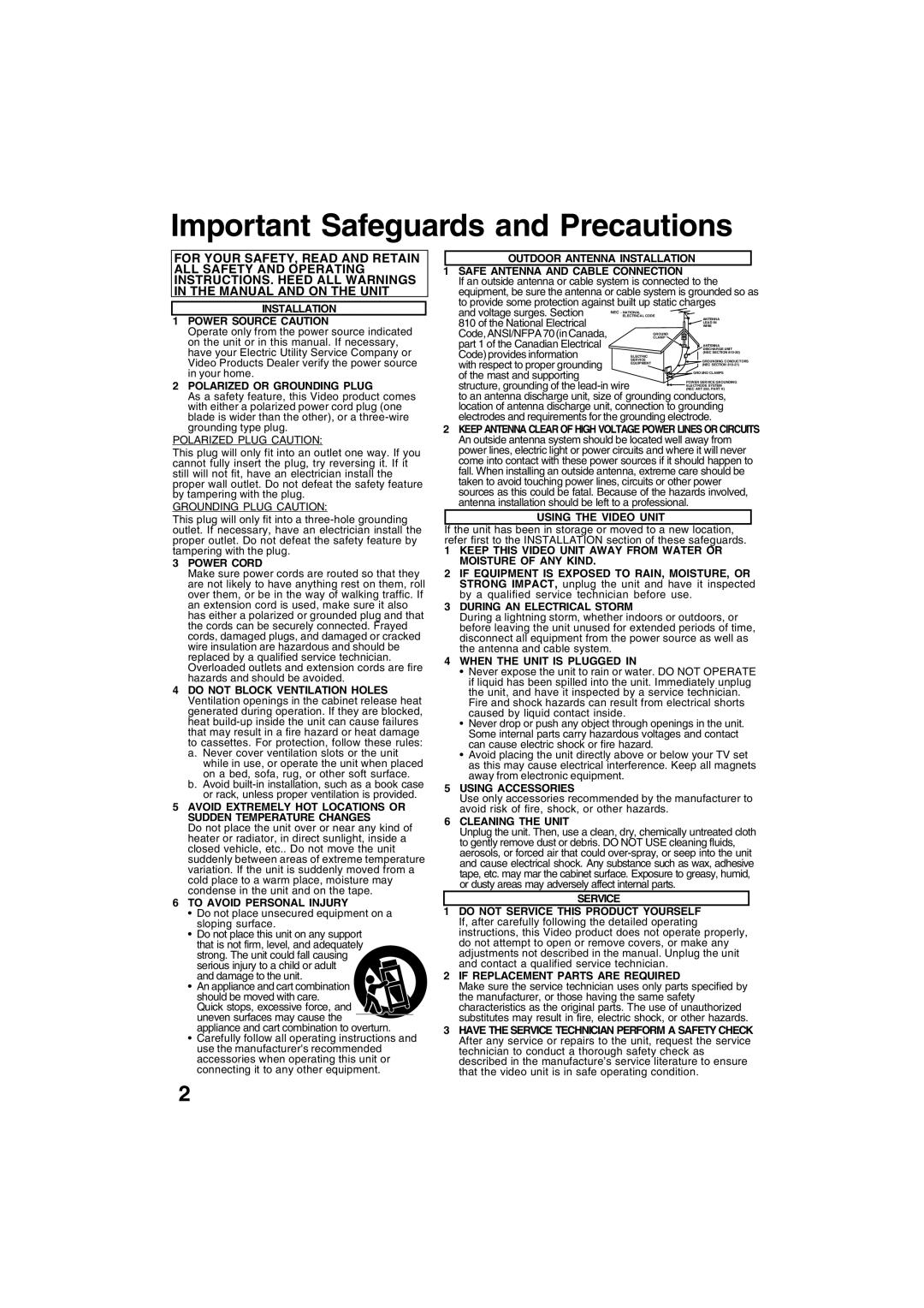 Panasonic PV-V4622 operating instructions Do not place unsecured equipment on a sloping surface 