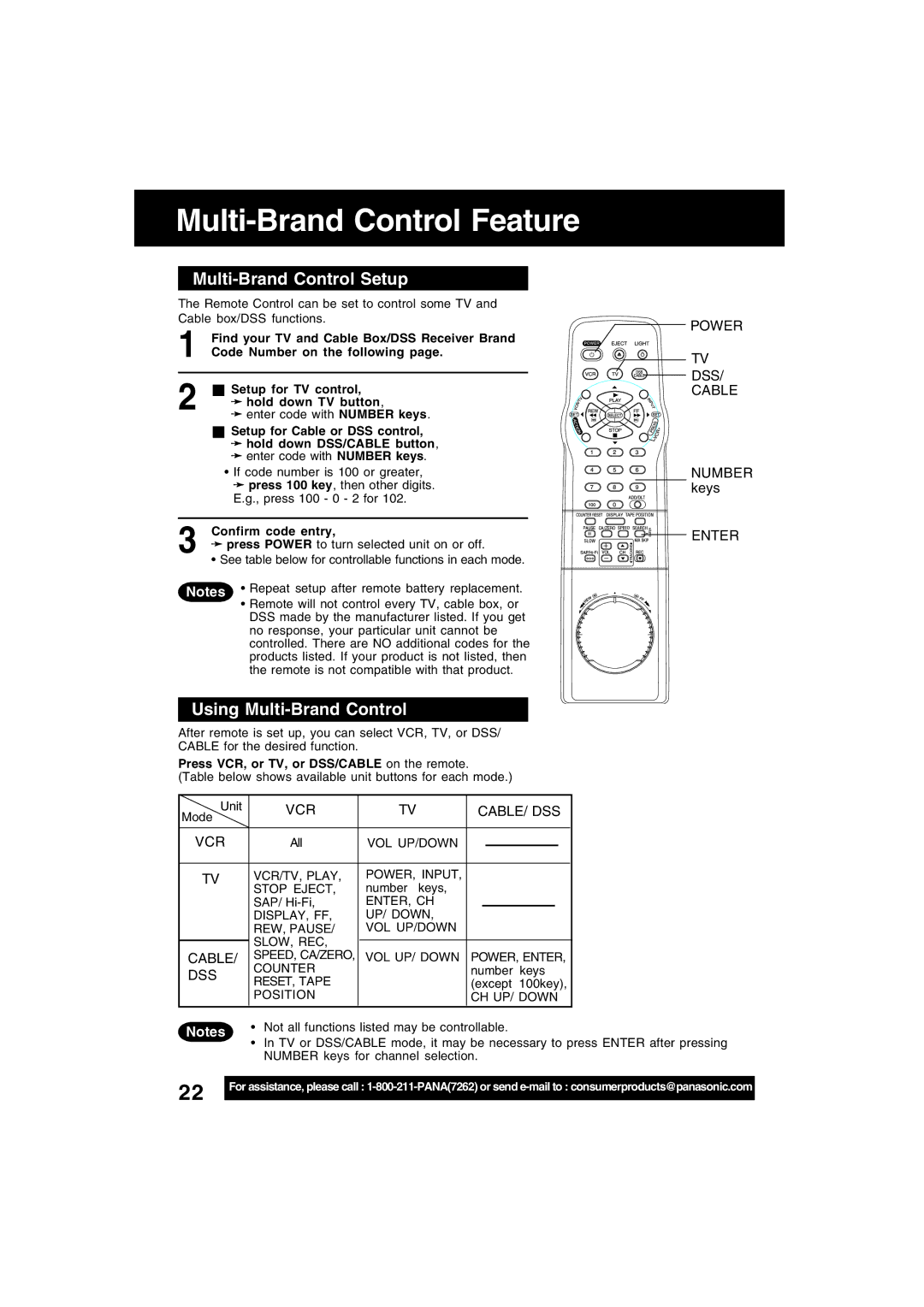 Panasonic PV-V4622 operating instructions Multi-Brand Control Feature, Multi-Brand Control Setup, Using Multi-Brand Control 