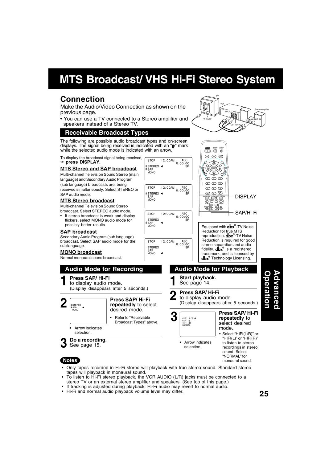 Panasonic PV-V4622 Connection, Receivable Broadcast Types, Audio Mode for Recording, Audio Mode for Playback 