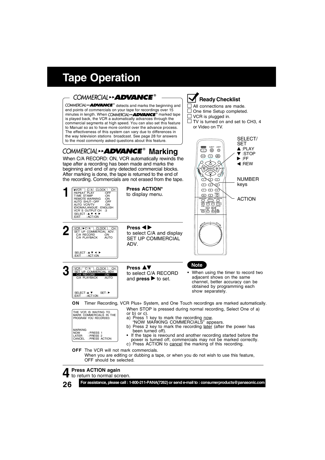 Panasonic PV-V4622 operating instructions Tape Operation, Marking, SET UP Commercial ADV, Press Action again 