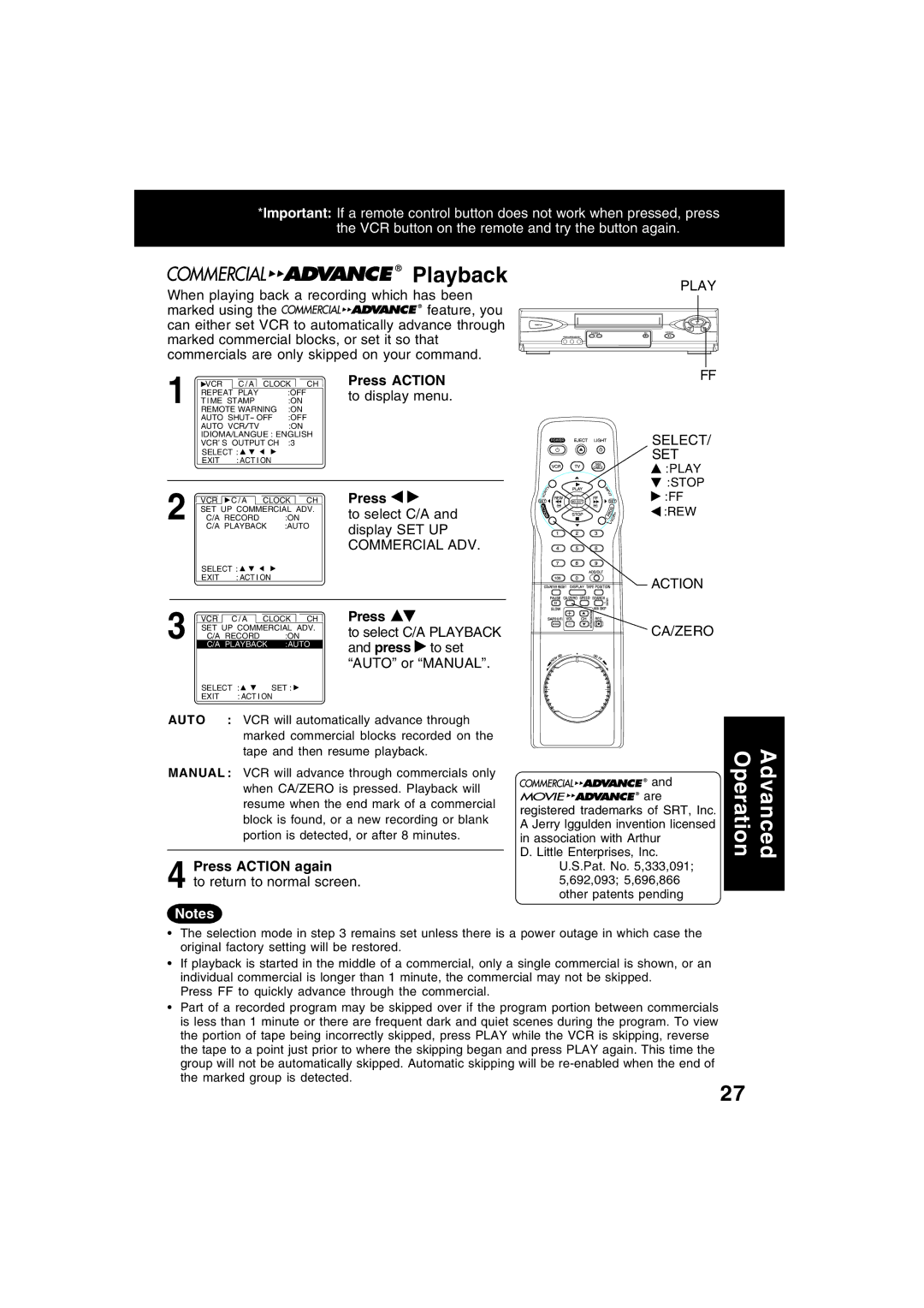 Panasonic PV-V4622 Playback, Play SELECT/ SET, To select C/A and display SET UP Commercial ADV, Ca/Zero 