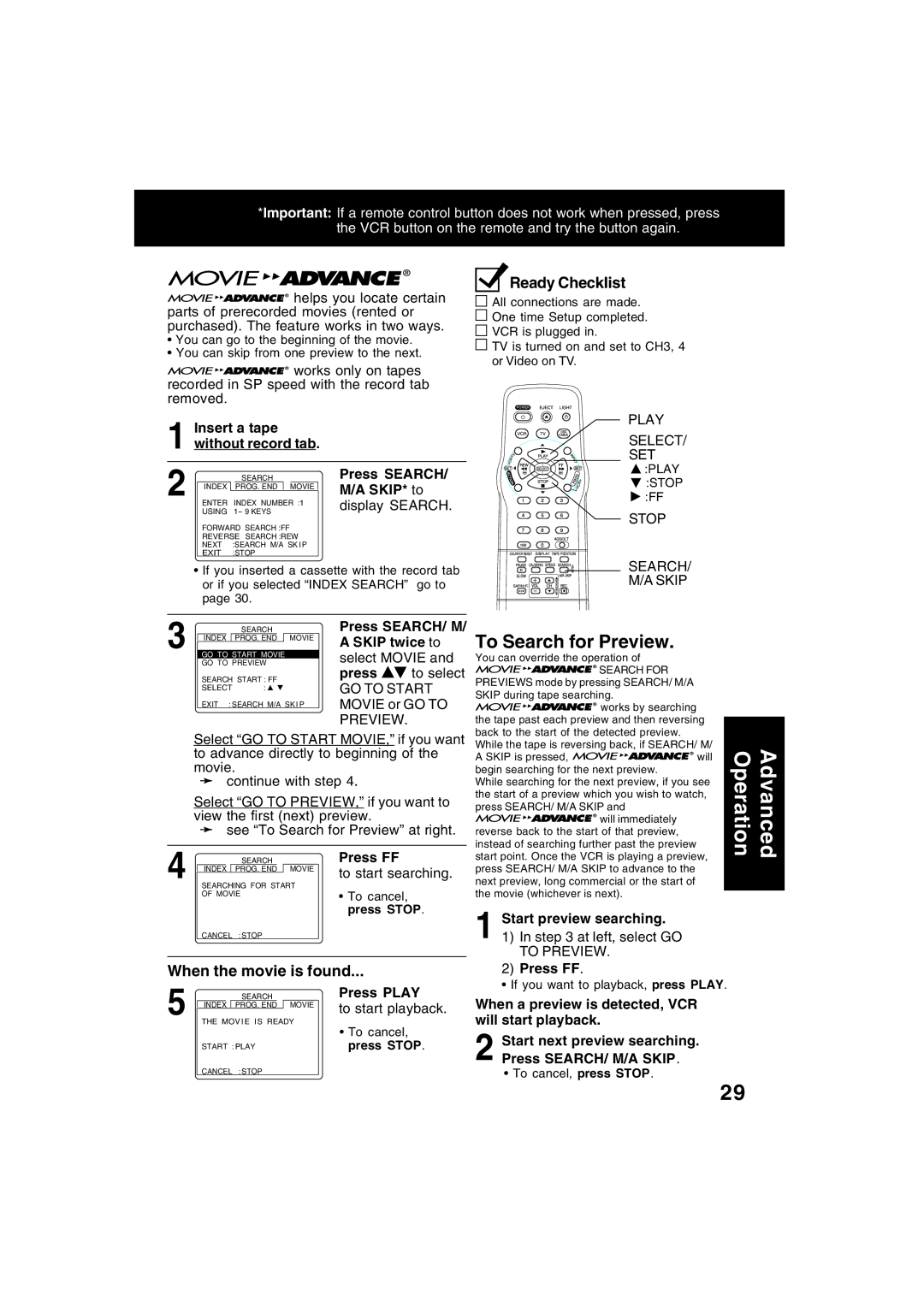 Panasonic PV-V4622 operating instructions To Search for Preview, When the movie is found 