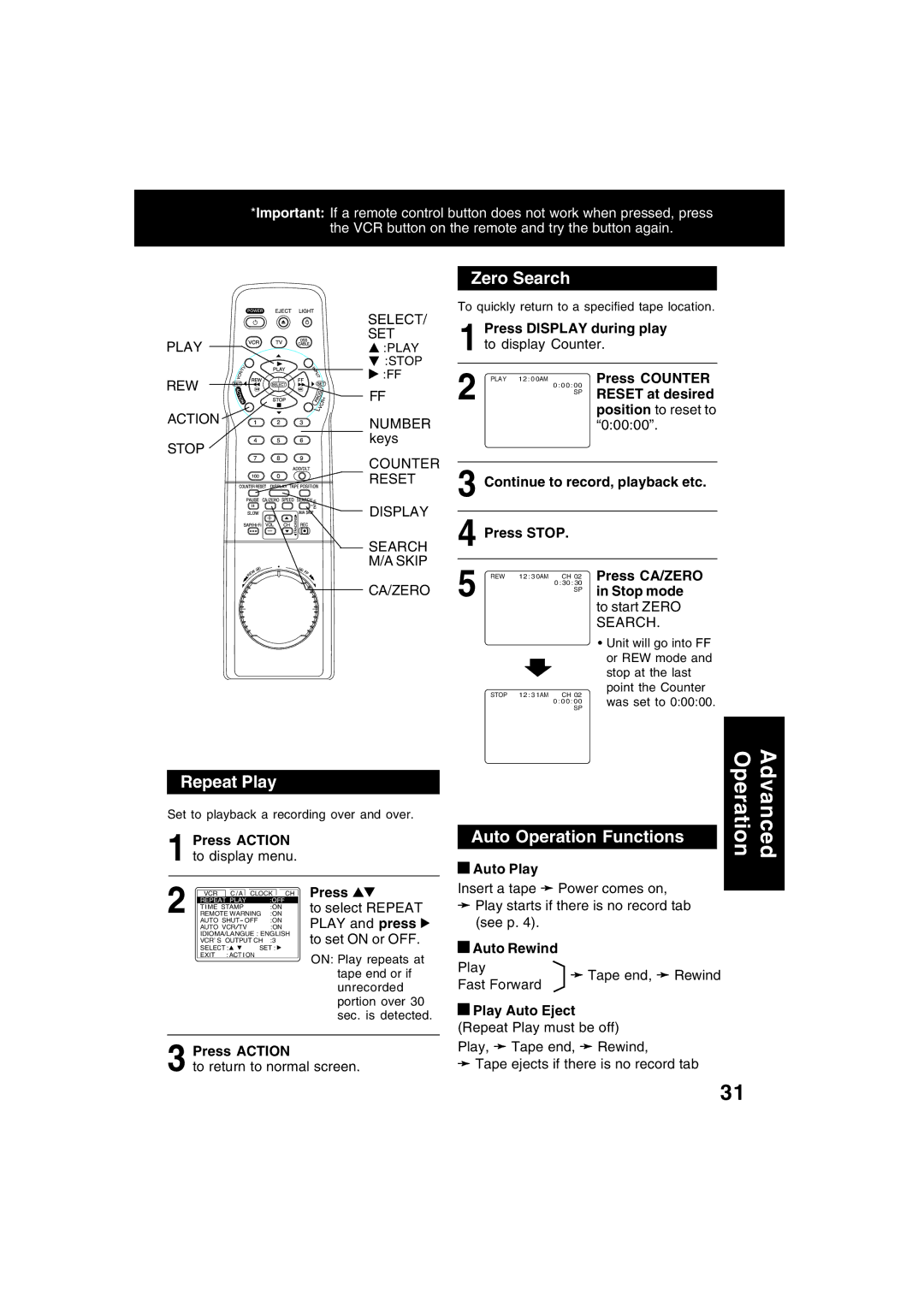 Panasonic PV-V4622 operating instructions Zero Search, Repeat Play, Auto Operation Functions 