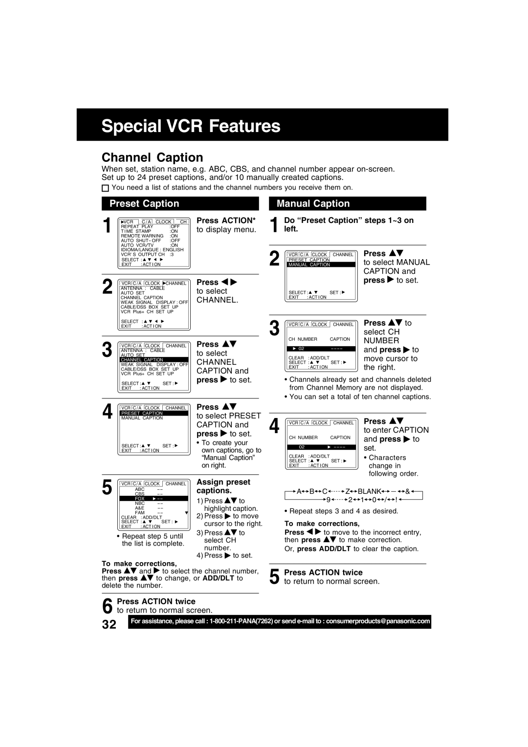 Panasonic PV-V4622 operating instructions Special VCR Features, Channel Caption, Preset Caption, Manual Caption 