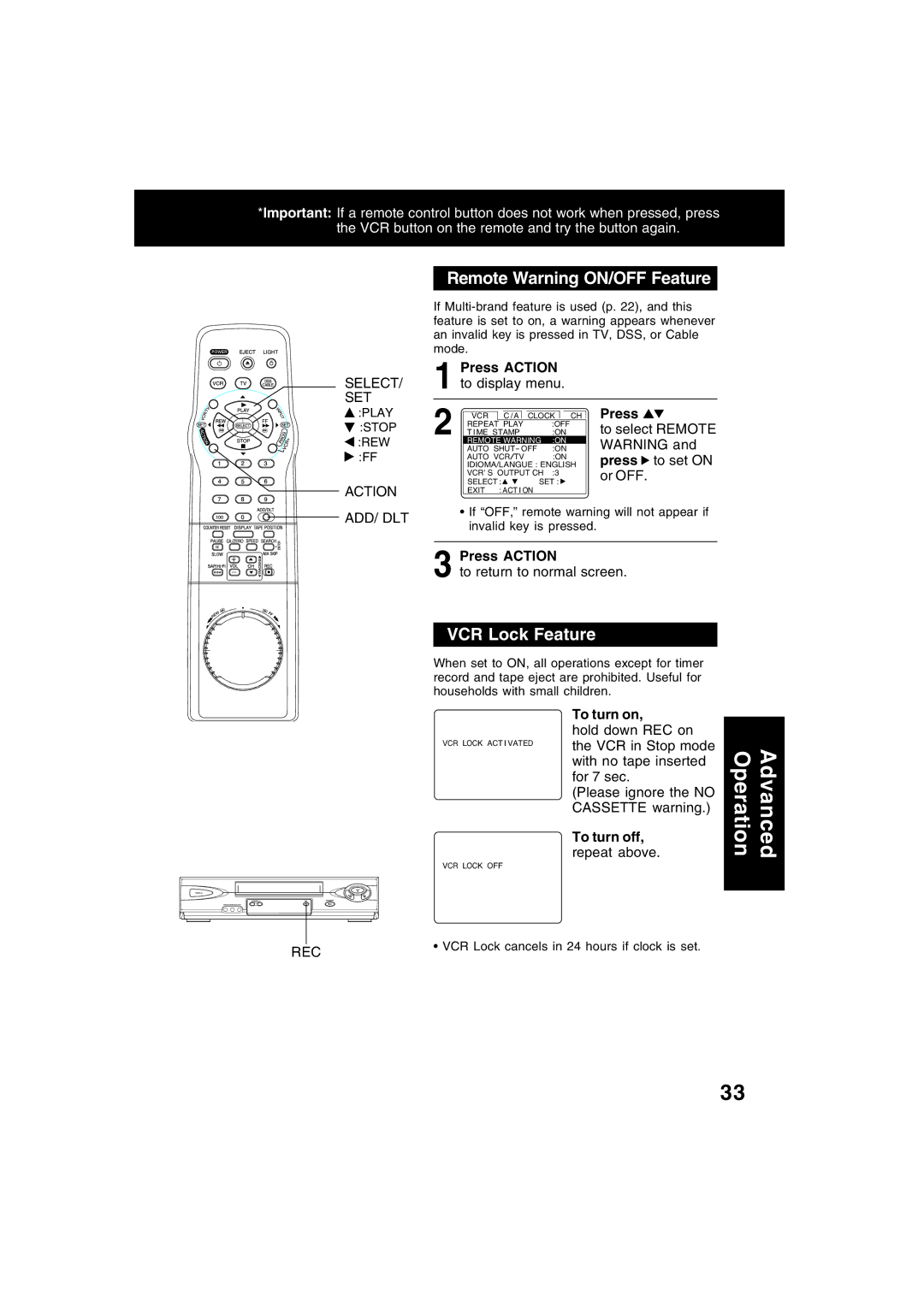 Panasonic PV-V4622 Remote Warning ON/OFF Feature, VCR Lock Feature, Action ADD/ DLT, To turn on, To turn off 